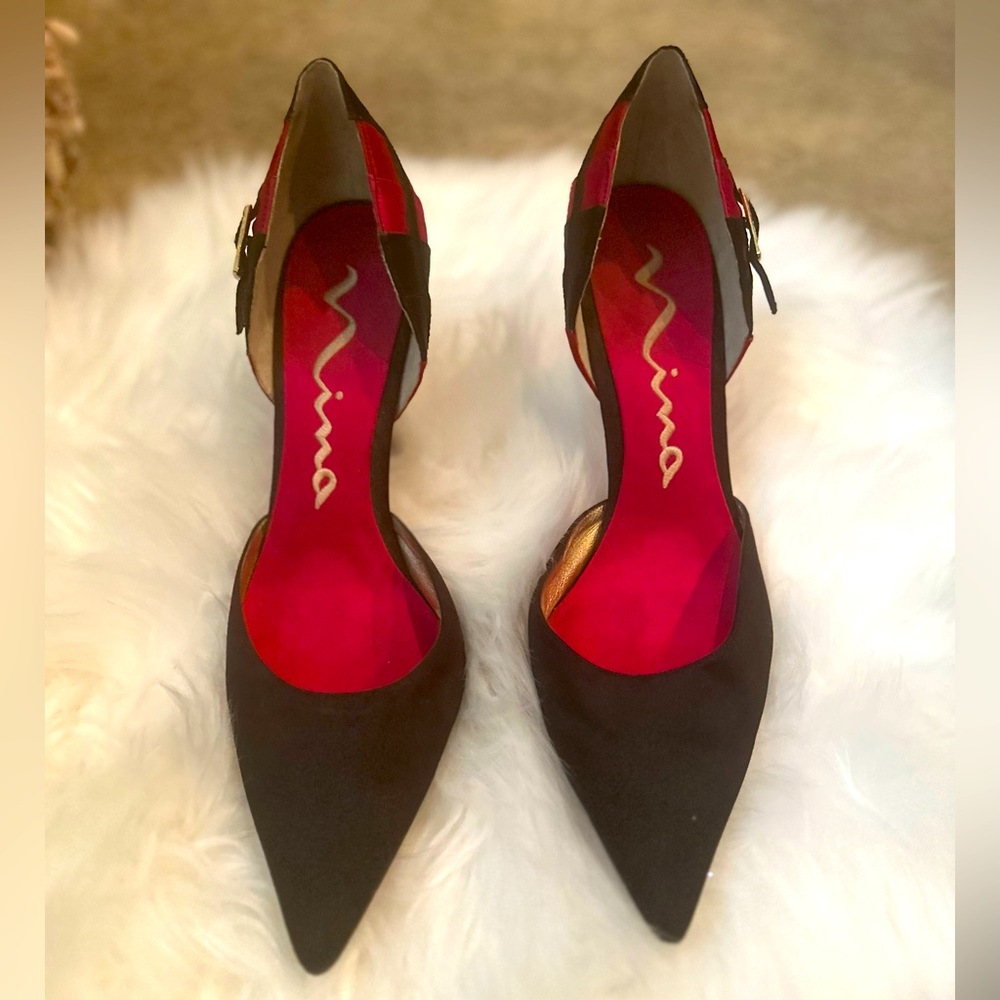 Nina, black satin pumps. Pink and red satin accents with rhinestone buckle.